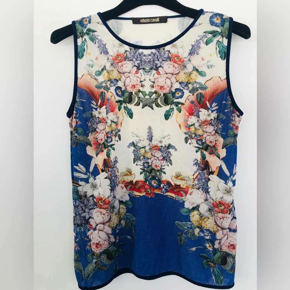 Roberto Cavalli Floral Sleeveless Tank Top - Blue/Cream